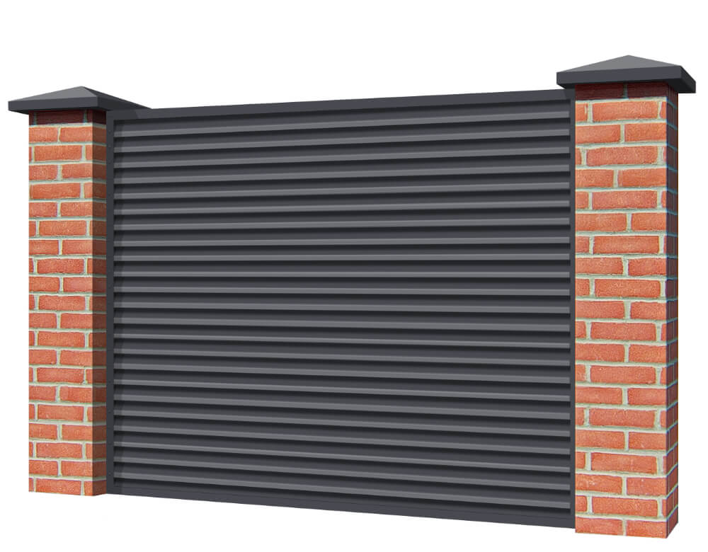 Секция забора жалюзи из ламелей Жалюзи ЭКО-Z RAL7024 Серый Графит 2-х сторонняя с кирпичными столбами