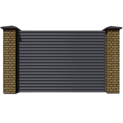 Секция забора жалюзи из ламелей еврожалюзи RAL7024 Серый Графит с кирпичными столбами анфас
