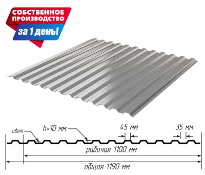 Профнастил (профлист) НС-10 Оцинкованный 0.40мм эконом ширина 1.19(1,10)м с размерами профиля